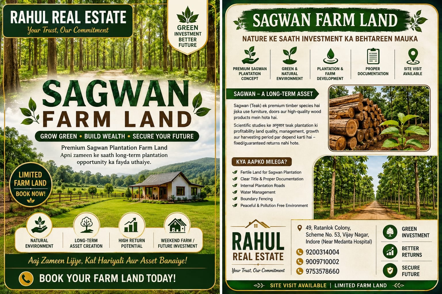 🌳 FARM LAND INVESTMENT – आज की जमीन, कल की बड़ी संपत्ति! Farm Land सिर्फ ₹451/- प्रति Sq.Ft. से शुरू 📐 Plot Size: 6000 Sq.Ft. से शुरू 🌱 आपकी जमीन पर हम सागवान (Teak) के छोटे पौधे लगाकर देंगे। ⏳ सिर्फ 12 वर्षों के लिए एक दीर्घकालीन निवेश की सोच — सागवान के पेड़ों की संभावित भविष्य की कीमत आपके लिए